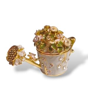 Elegant Gold and Green Watering Can Brooch